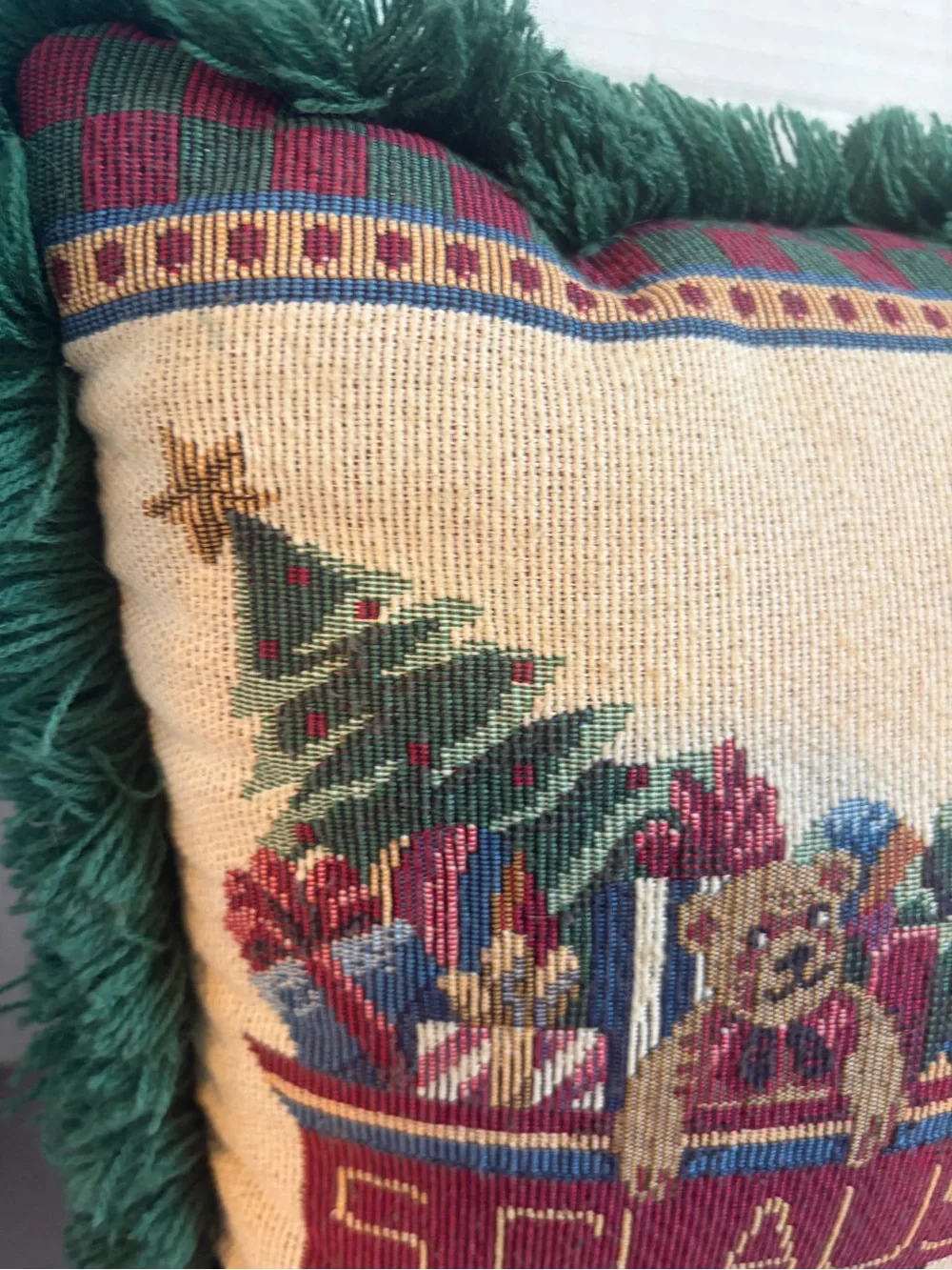 Decorative Santa Train Holiday Pillow - Green Fringe